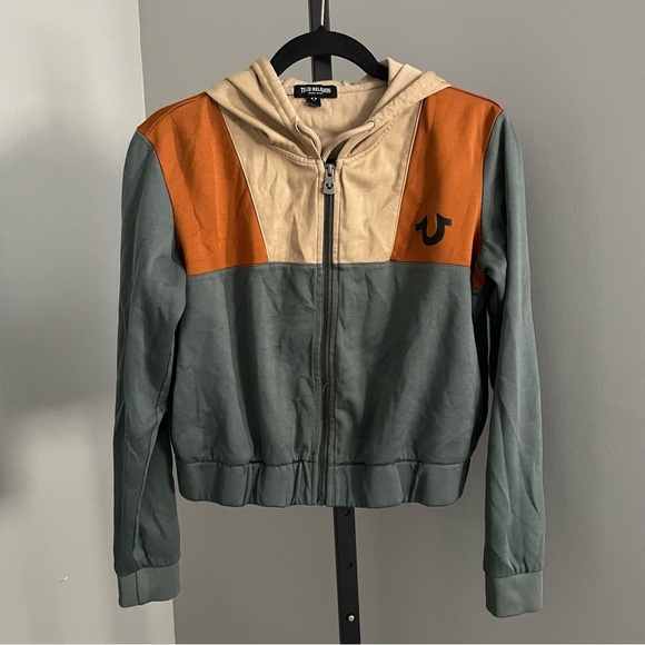 True Religion Color Block Cropped Zip Up Hoodie Size Large - Picture 1 of 6